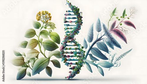 DNA and plant and Gene therapy, Biology laboratory nature. Concept biochemistry structure on white isolated background. Generation AI