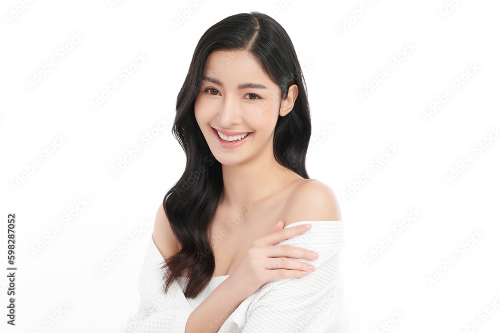 Beautiful young asian woman with clean fresh skin on white background, Face care, Facial treatment, Cosmetology, beauty and spa, Asian women portrait.