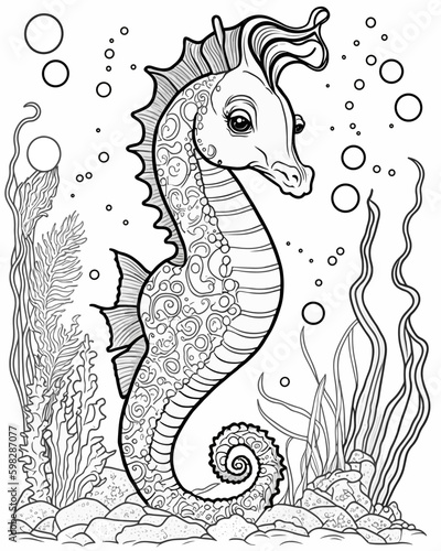 Coloring page for kids with seahorse, cartoon style