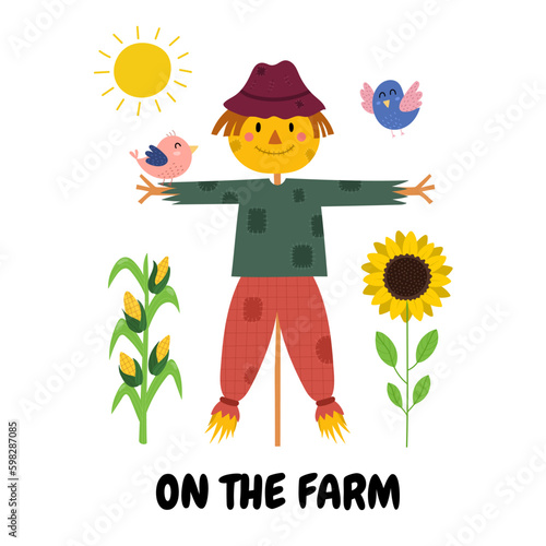 On the farm print with a cute scarecrow and birds. Funny farm background in cartoon style. Vector illustration