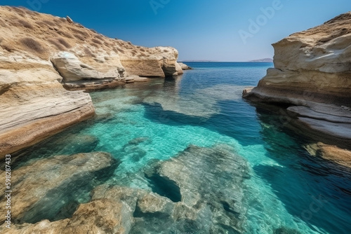 Experience the tranquil beauty of Milos island with its stunning rocky landscape and breathtaking sea views. Ai generated.