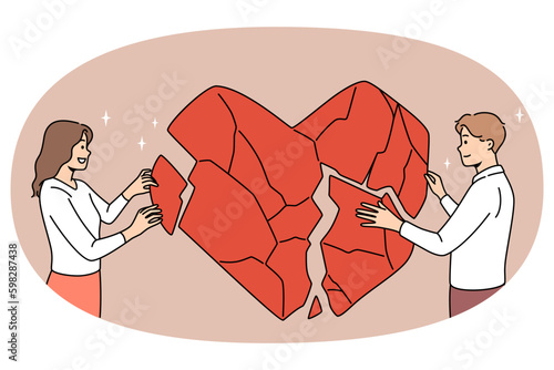 Happy couple connect huge heart pieces overcome relationship problems. Man and woman make peace or reconcile after successful family counseling or psychology session. Vector Generative AI