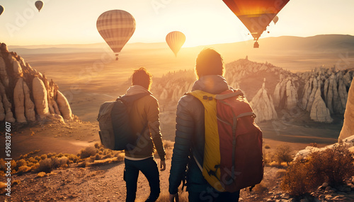Group tourists in Cappadocia with backpacks background hot air balloon with sunset, adventure Turkey Travel banner. Generation AI