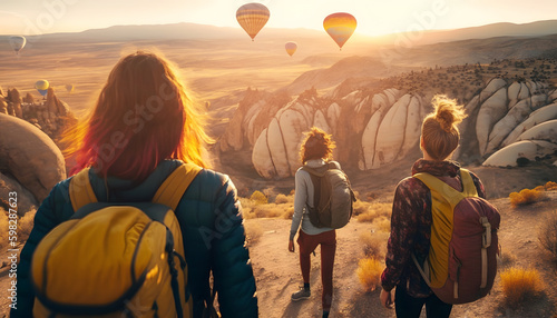Group friends tourists in Cappadocia with backpacks watch hot air balloon with sunset, adventure Turkey Travel banner. Generation AI