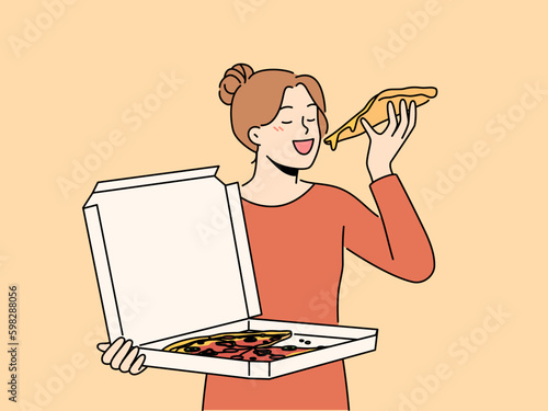 Happy woman with cardboard delivery box eating tasty pizza. Smiling girl enjoy Italian fastfood from restaurant delivery. Vector illustration.  Generative AI