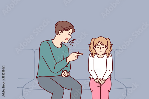 Father scolding teenage daughter because of bad behavior at school sitting on couch in apartment. Dad punishes little girl, screams and points finger at daughter after teacher call or Generative AI