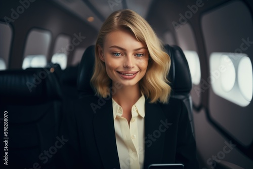 Young smiling businesswoman sitting inside an aircraft © AJay