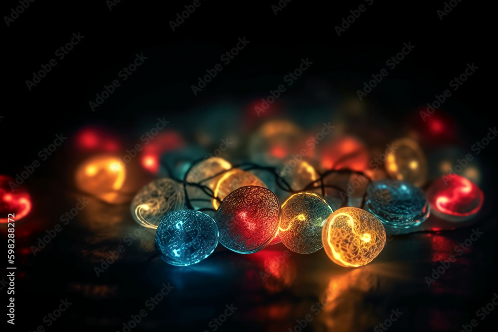 Valentine day background. Love light. Romantic ornament. Yellow round led string neon red blue color blur heart glow festive pattern on defocused dark. AI generative Valentine day background. Love light. Romantic ornament. Yellow round led string neon red blue color blur heart glow festive pattern on defocused dark. AI generative