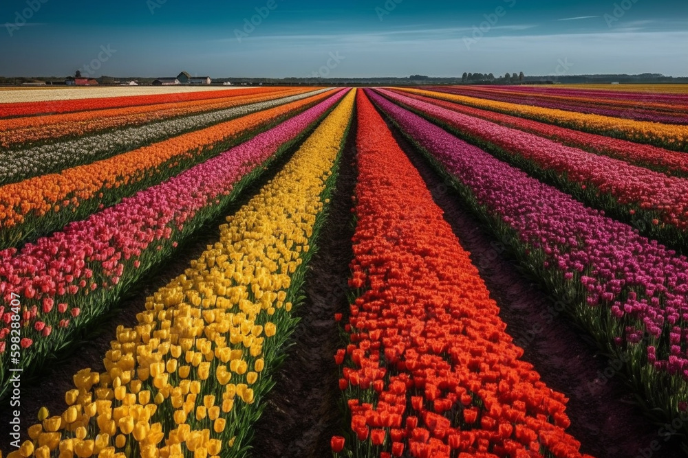 A picturesque view of colorful tulips in the Netherlands. Ai generated. A picturesque view of colorful tulips in the Netherlands. Ai generated.