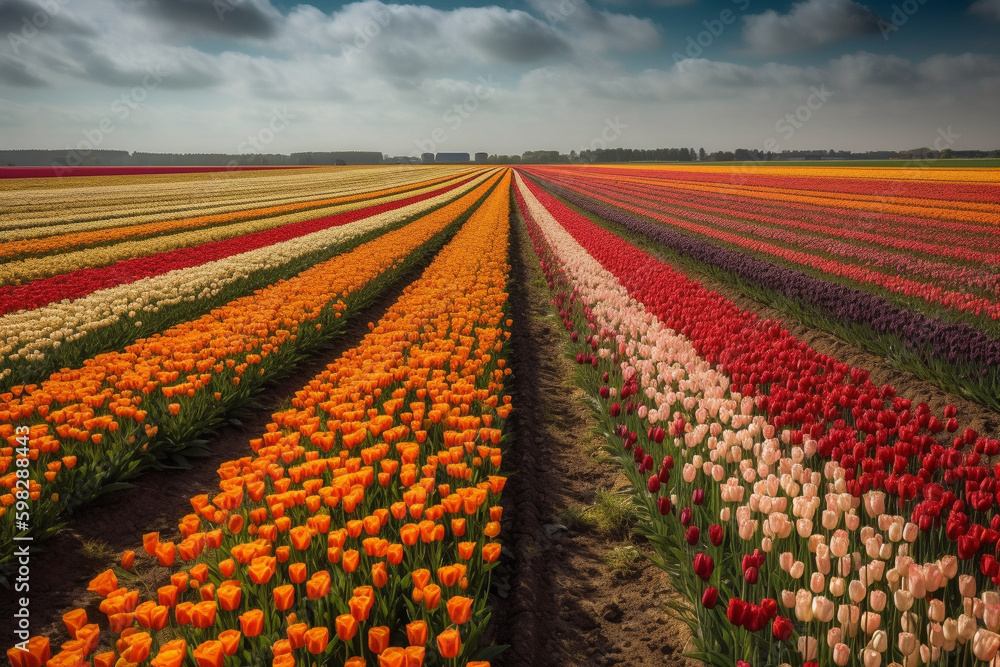 A picturesque view of colorful tulips in the Netherlands. Ai generated.