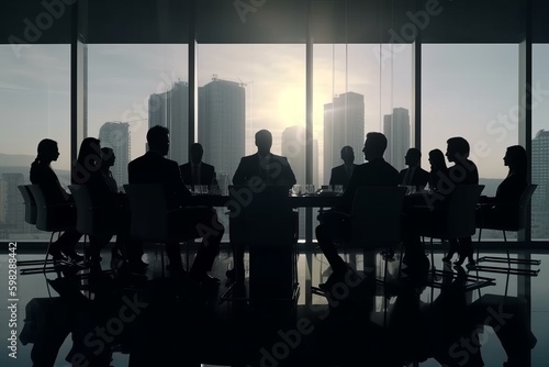 many business people conference group meeting on city office building in background showing partnership success of business deal  silhouette  silhouette of business people at office  Generative AI