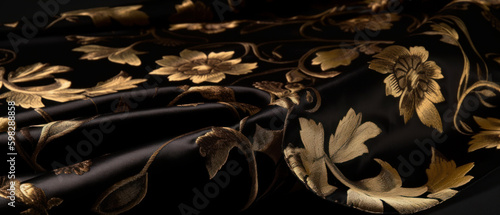 Exquisite photo, a golden silk fabric with an elegant vintage floral pattern creates an atmosphere of opulence, showcasing timeless style and artistry for high-end fashion and decor. Generative AI. photo