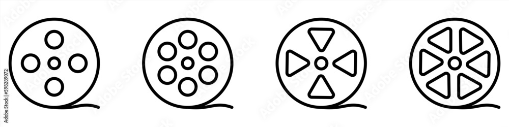 Film reel icon set. Black movie reel icon in vintage style. Old retro reel with film strip collection. Vector illustration Film reel icon set. Black movie reel icon in vintage style. Old retro reel with film strip collection. Vector illustration