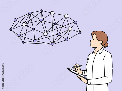 Smiling businesswoman take notes work with global network. Confident woman employee brainstorm busy working with digital futuristic interface. Vector illustration.  Generative AI