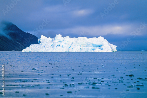 Iceberg floating on Svalbards rocky coastline