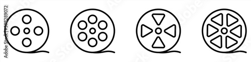 Film reel icon set. Black movie reel icon in vintage style. Old retro reel with film strip collection. Vector illustration