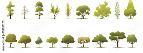 Tree and Shrubs Flat in the Style of Minimalist Watercolor in Set of Vector Style