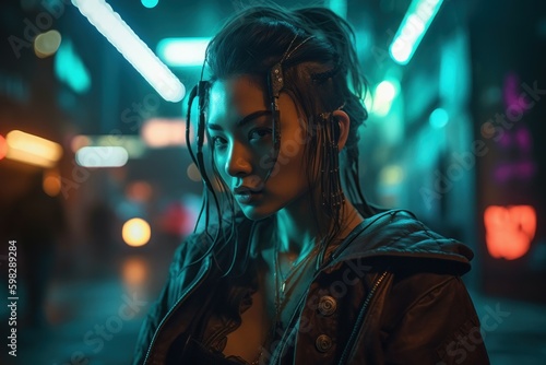 Neon cyberpunk woman. Generate Ai