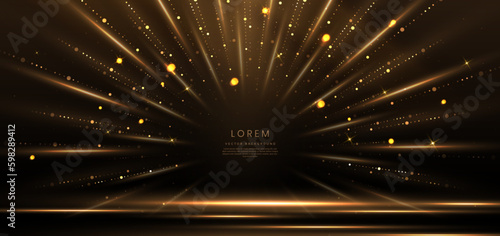 Elegant stage golden glowing with lighting effect sparkle on black background. Template premium award design.