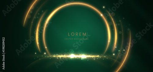 Abstract circle glowing gold lines on dark green  background with lighting effect and sparkle with copy space for text. Luxury design style.
