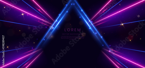 Abstract dark blue neon diagonal glowing on dark blue background with gold lighting effect and sparkle.