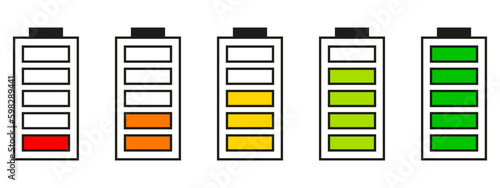 Set of vertical battery level indicators in percentage vector. Battery indicator symbols. 0-100 percent.