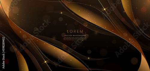 3D gold curved golden ribbon on dark brown background with lighting effect and sparkle with copy space for text. Luxury design style.