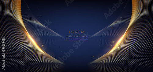 Abstract elegant dark blue background with golden curved line and lighting effect. Luxury template celebration award design.