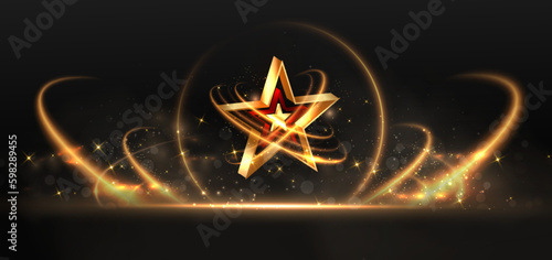 3D golden star with golden on black background with lighting effect and sparkle. Luxury template celebration award design.