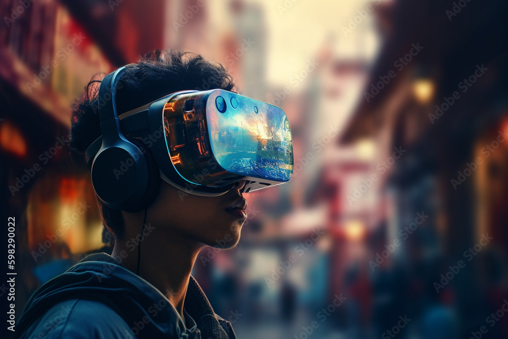 A person wearing a headset with a futuristic background. Ai generated. A person wearing a headset with a futuristic background. Ai generated.
