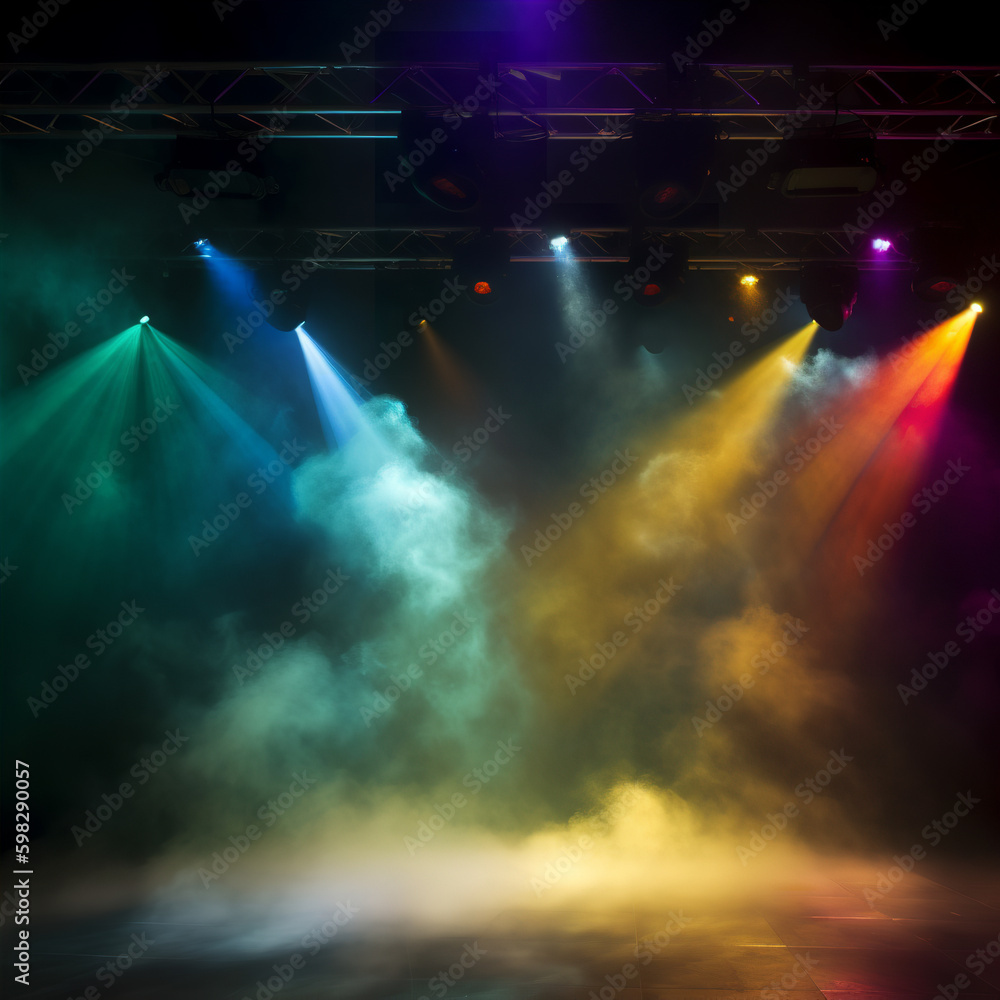 A stage club with multi colored bright stage lights and laser beams through a smokey atmosphere background. A.I. generated.