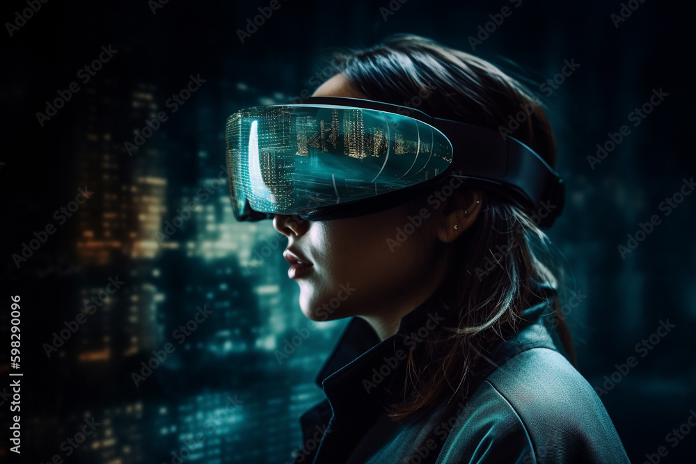 A person wearing a headset with a futuristic background. Ai generated. A person wearing a headset with a futuristic background. Ai generated.