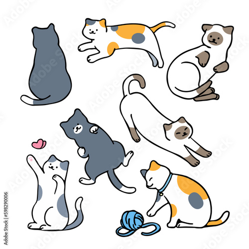 Flat, minimal vector illustration of cats in different poses, with outline style character design.
