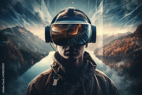 A person wearing a headset with a futuristic background. Ai generated.