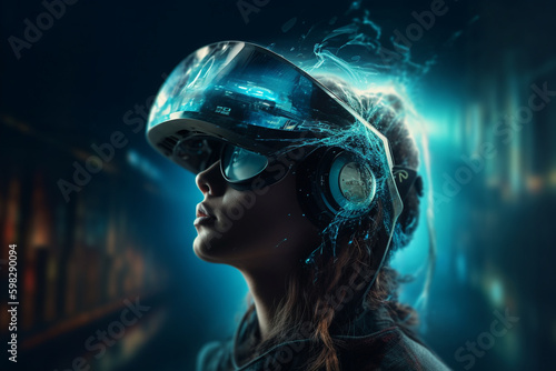 A person wearing a headset with a futuristic background. Ai generated.