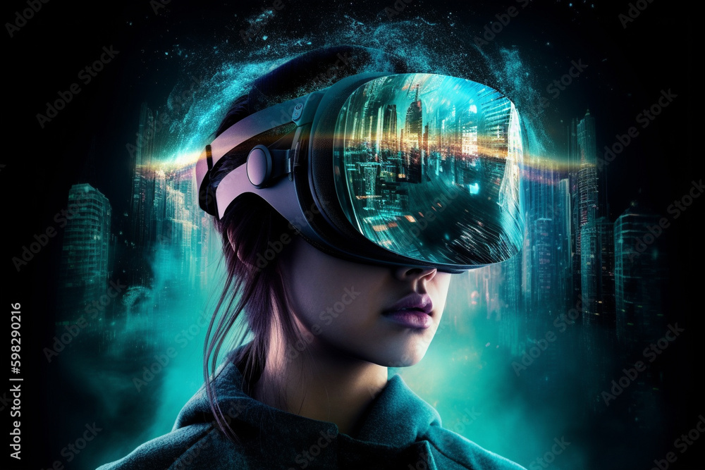A person wearing a headset with a futuristic background. Ai generated. A person wearing a headset with a futuristic background. Ai generated.