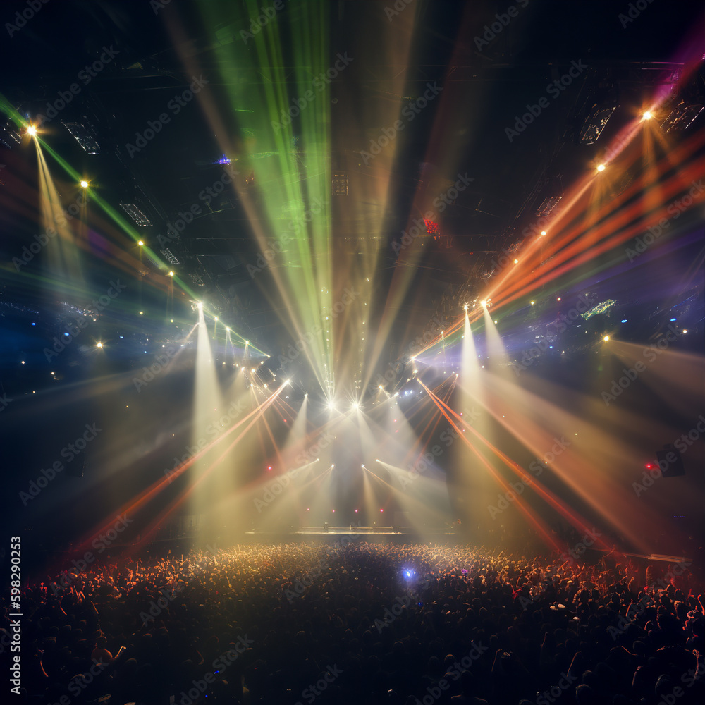 A stage club with multi colored bright stage lights and laser beams through a smokey atmosphere background. A.I. generated.
