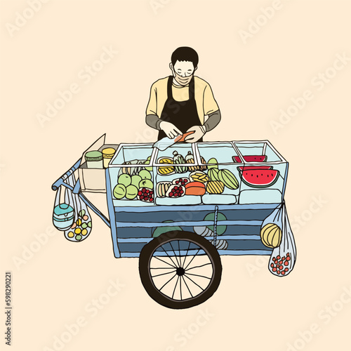 Street food, man selling fruit, hawker in Thailand, drawing style vector illustration