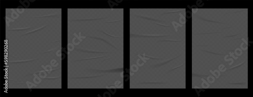 Realistic set of grey glued wall posters. Glued posters, old adhesive texture mockup. Blank sheets creased effect. Blank pages with wrinkles, realistic 3d set
