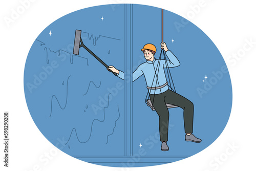 Male worker on safety ropes cleaning windows of office building. Man alpinist or industrial climber work on cables, climb onto surface. Occupation and profession. Vector illustration. Generative AI
