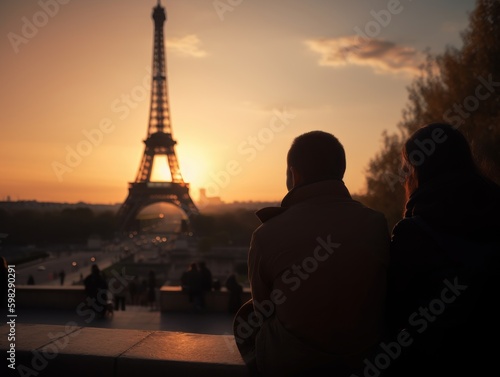 A Couple Watching the Sunset at the Eiffel Tower in Paris with Warm Golden and Pink Tones