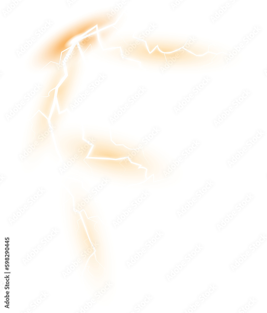 Yellow Thunderstorm with lightning and clouds. Discharge electrical current. Charge current. natural phenomena. PNG.
