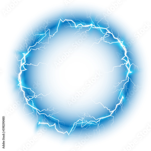Blue Ball lightning on a transparent background. Abstract electric lightning strike. Light flash, thunder, spark. PNG.