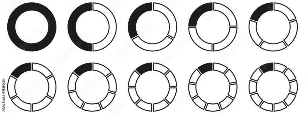 Circles divided diagram 3, 10, 7, graph icon pie shape section chart. Segment circle round vector 6, 9 devide infographic. - obrazy, fototapety, plakaty 