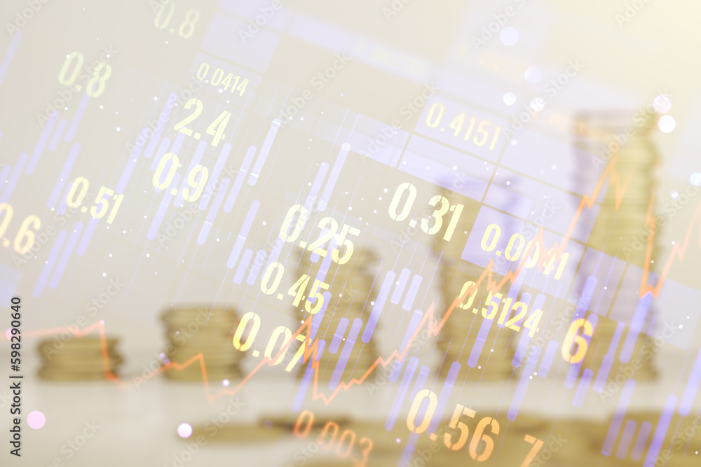 Double exposure of abstract creative financial chart hologram on growing stacks of coins background, research and strategy concept Double exposure of abstract creative financial chart hologram on growing stacks of coins background, research and strategy concept