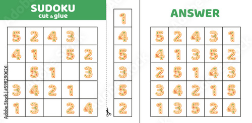 Sudoku with five cookie numbers. 1 2 3 4 5. Game puzzle for little kids. Cut and glue. Cartoon Generative AI