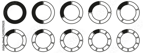 Circles divided diagram 3, 10, 7, graph icon pie shape section chart. Segment circle round vector 6, 9 devide infographic.