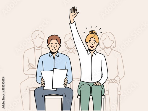 Smiling woman raise hand volunteer at team meeting in office. Confident female employee ask or answer question at seminar or conference. Vector illustration.  Generative AI