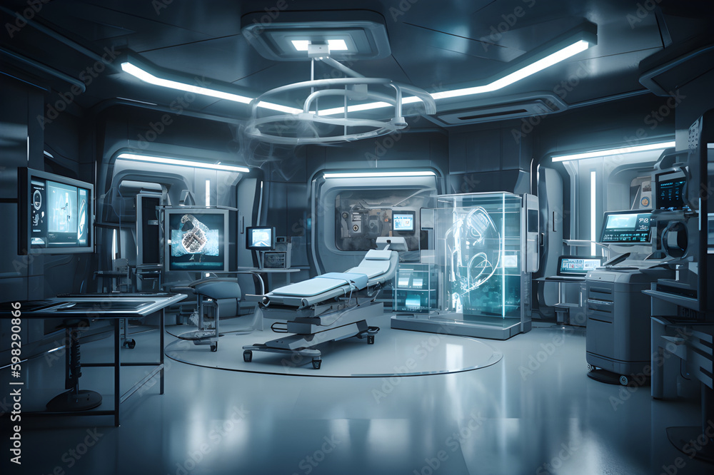 Operating room in the hospital of the future. Blu filter. Generation AI Operating room in the hospital of the future. Blu filter. Generation AI