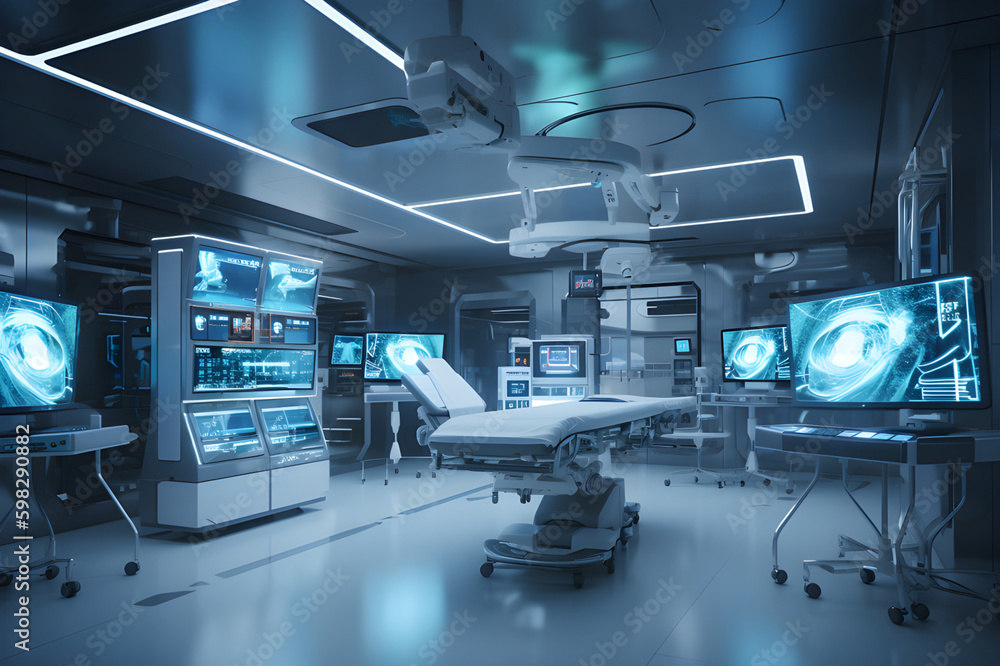 Operating room in the hospital of the future. Blu filter. Generation AI Operating room in the hospital of the future. Blu filter. Generation AI